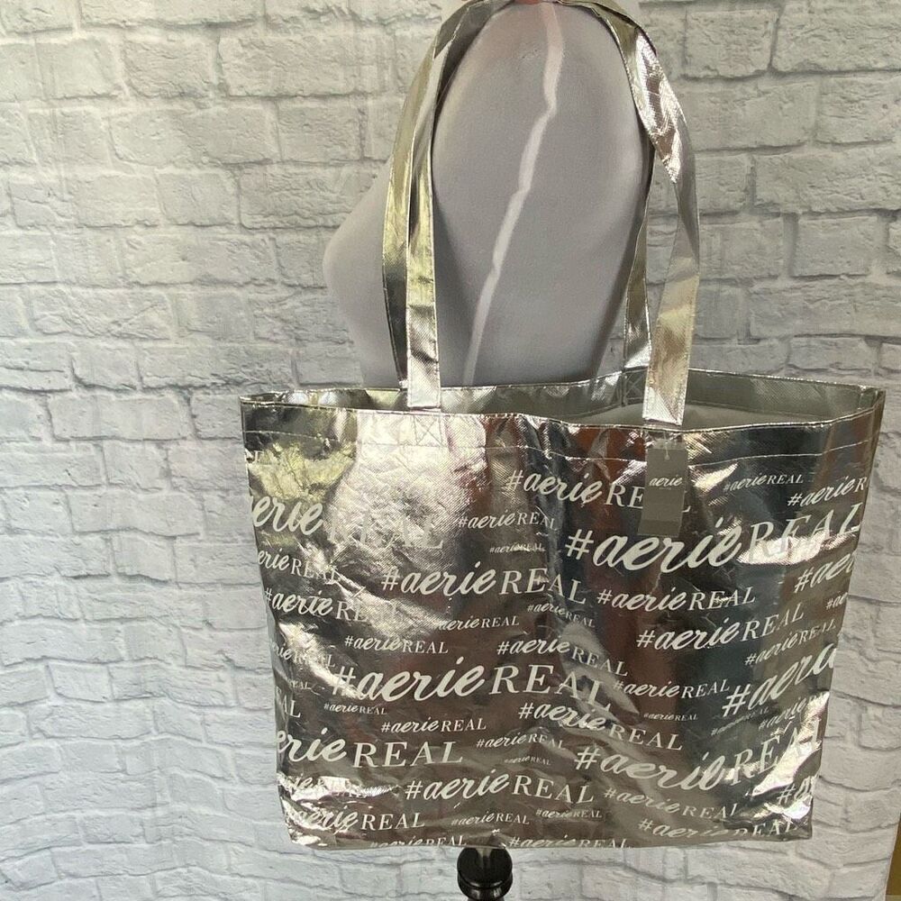 Aerie XL tote bag with double handles silver & white 19.5”x17” brand new